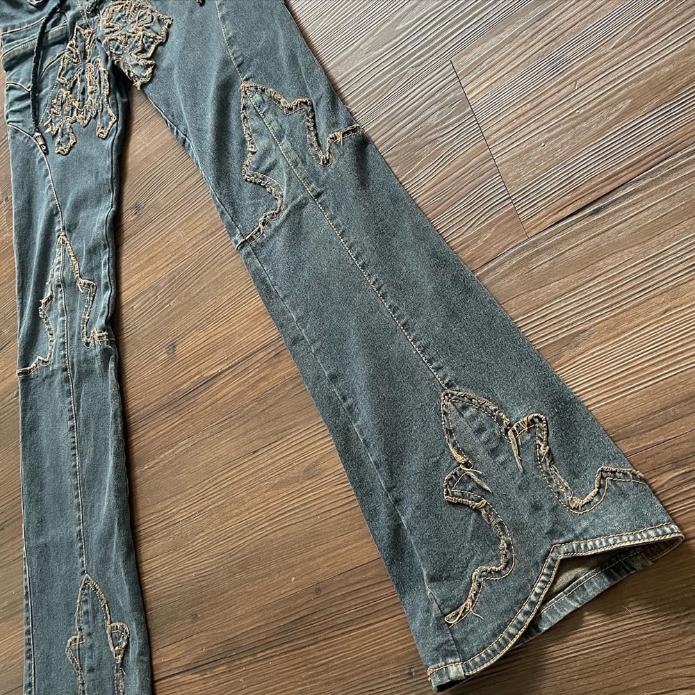A&G Rock n Roll Couture Fleur Knee Cross Patch Bootcut Flare Pants - Picture 3 of 7
